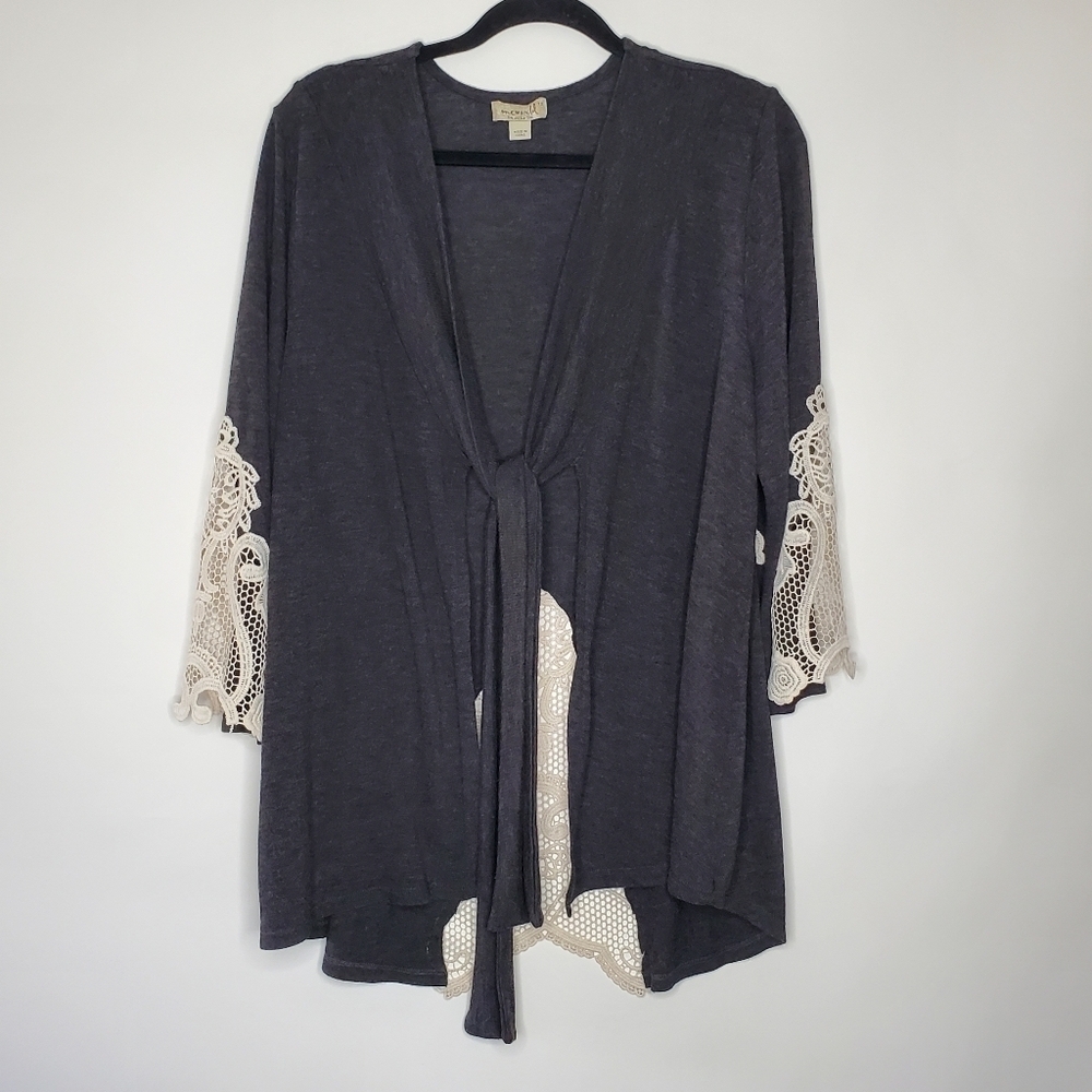 Floral Lace Flare Sleeve Knit Cardigan Size 1X Tie Front Sweater Whimsigoth‎